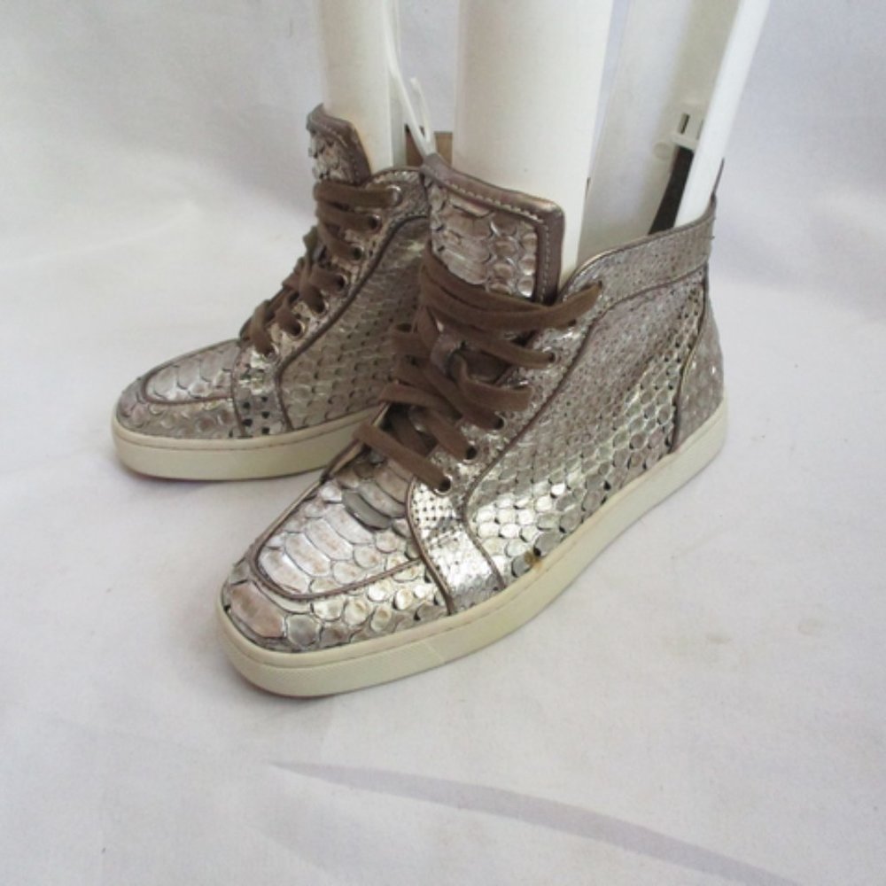 Christian Louboutin Silver Metallic Snakeskin High-Top Sneakers - Picture 4 of 9